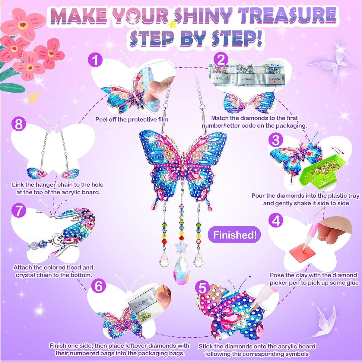 Diamond Art Kits for Kids Ages 8-12, 3 PCS DIY Gem Art Suncatchers for Kids