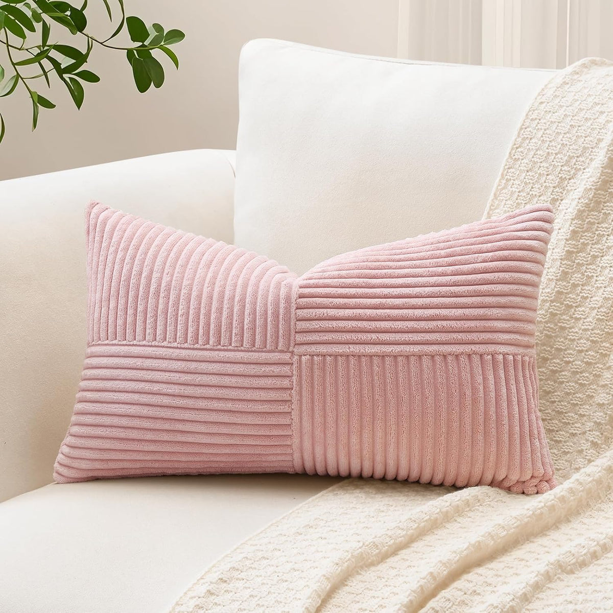 Set of 1 Decorative Throw Pillow Cover Soft Corduroy Solid Lumbar Pillow Cases Farmhouse Boho Striped Cross Patchwork Textured Cushion Cover for Sofa Car Bed Living Room 12x20 Inch, Pink