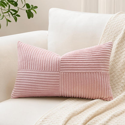 Set of 1 Decorative Throw Pillow Cover Soft Corduroy Solid Lumbar Pillow Cases Farmhouse Boho Striped Cross Patchwork Textured Cushion Cover for Sofa Car Bed Living Room 12x20 Inch, Pink