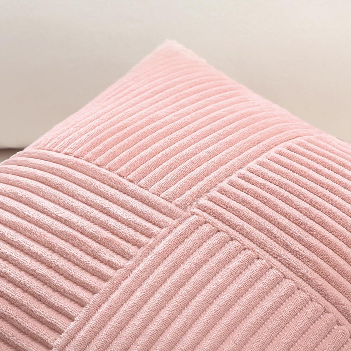 Set of 1 Decorative Throw Pillow Cover Soft Corduroy Solid Lumbar Pillow Cases Farmhouse Boho Striped Cross Patchwork Textured Cushion Cover for Sofa Car Bed Living Room 12x20 Inch, Pink