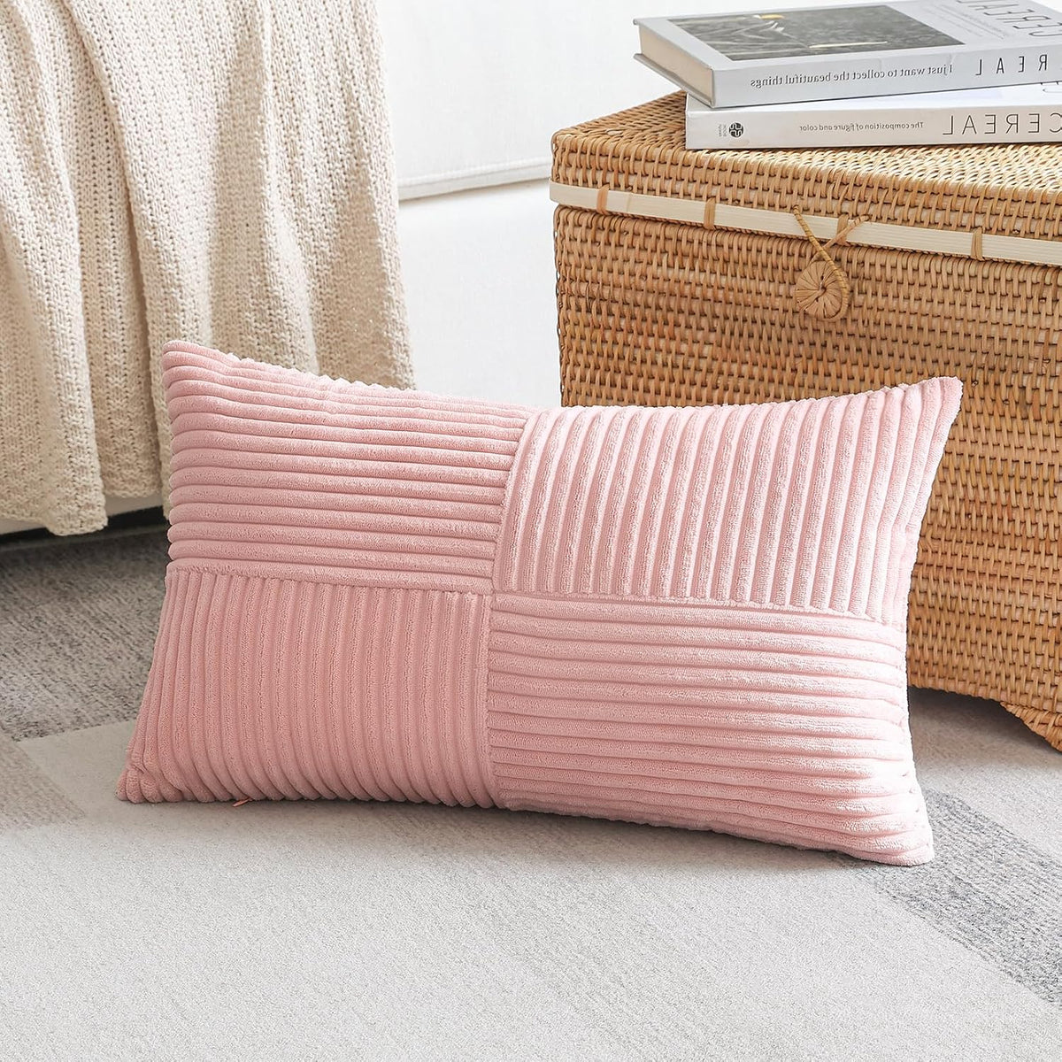 Set of 1 Decorative Throw Pillow Cover Soft Corduroy Solid Lumbar Pillow Cases Farmhouse Boho Striped Cross Patchwork Textured Cushion Cover for Sofa Car Bed Living Room 12x20 Inch, Pink