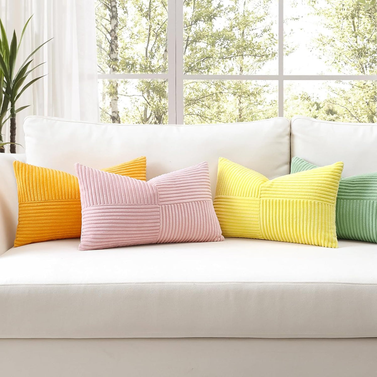 Set of 1 Decorative Throw Pillow Cover Soft Corduroy Solid Lumbar Pillow Cases Farmhouse Boho Striped Cross Patchwork Textured Cushion Cover for Sofa Car Bed Living Room 12x20 Inch, Pink