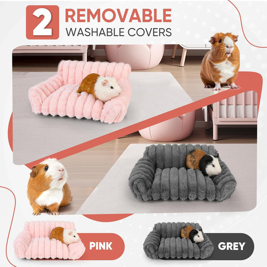 Guinea Pig Couch - Fluffy Small Pet Sofa with with Two Removable Washable Covers, Guinea Pig Bed with Stuffed Arms and Back, Super Cozy Corduroy Fleece, Pink and Dark Gray Respectively