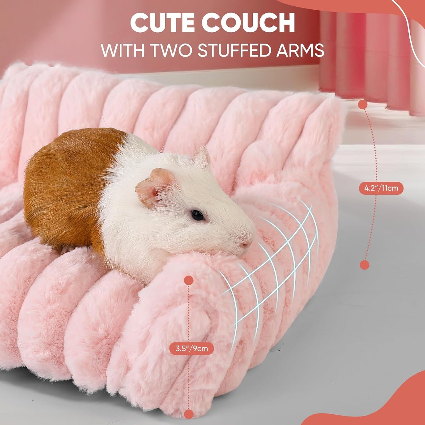 Guinea Pig Couch - Fluffy Small Pet Sofa with with Two Removable Washable Covers, Guinea Pig Bed with Stuffed Arms and Back, Super Cozy Corduroy Fleece, Pink and Dark Gray Respectively