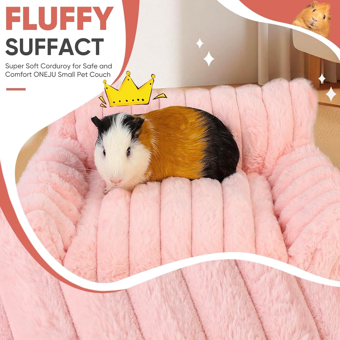 Guinea Pig Couch - Fluffy Small Pet Sofa with with Two Removable Washable Covers, Guinea Pig Bed with Stuffed Arms and Back, Super Cozy Corduroy Fleece, Pink and Dark Gray Respectively