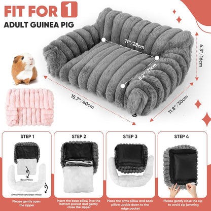 Guinea Pig Couch - Fluffy Small Pet Sofa with with Two Removable Washable Covers, Guinea Pig Bed with Stuffed Arms and Back, Super Cozy Corduroy Fleece, Pink and Dark Gray Respectively