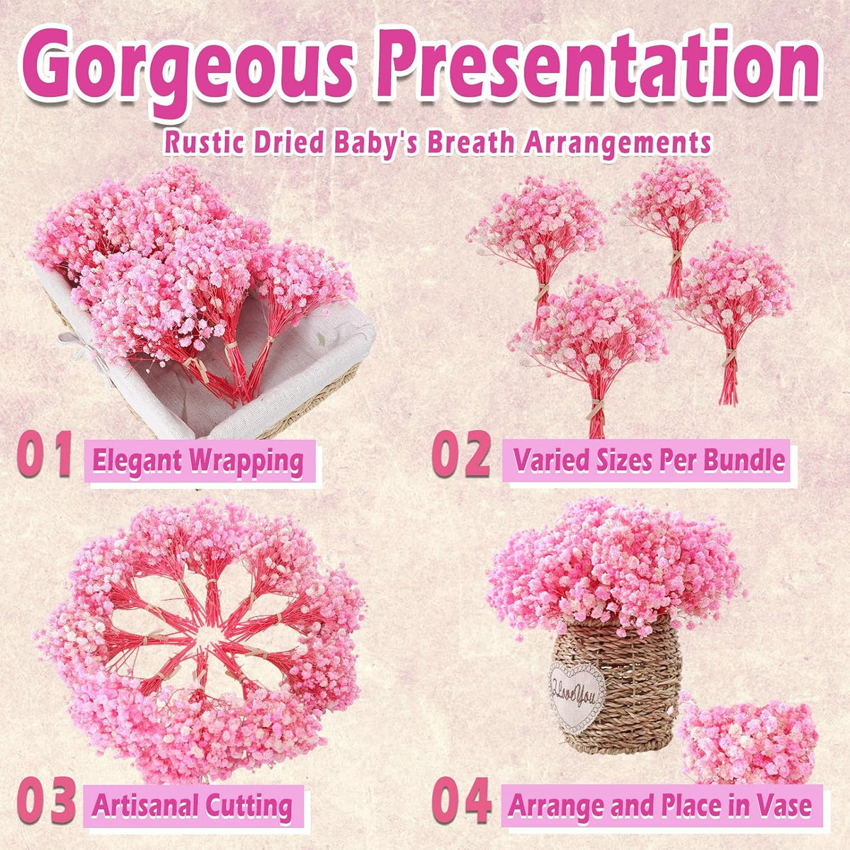 9000+ Blooms Pink Dried Baby's Breath Flowers 150 Stems for Weddings