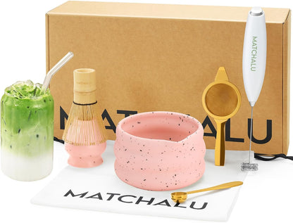 Matcha Whisk Set With Ceramic Matcha Bowl, Bamboo Whisk & Holder, Stainless Steel Spoon & Sifter, Glass Cup & Straw, Electric Frother, Storage Bag - Gift for Matcha Lovers (Premium 9-Piece Set Pink)