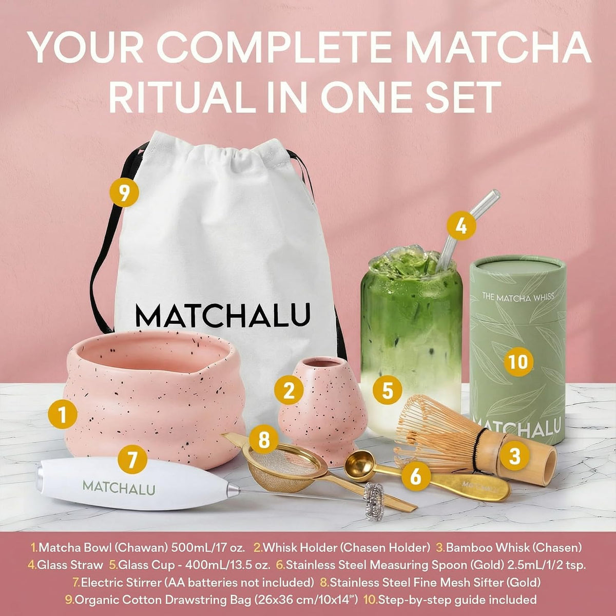 Matcha Whisk Set With Ceramic Matcha Bowl, Bamboo Whisk & Holder, Stainless Steel Spoon & Sifter, Glass Cup & Straw, Electric Frother, Storage Bag - Gift for Matcha Lovers (Premium 9-Piece Set Pink)