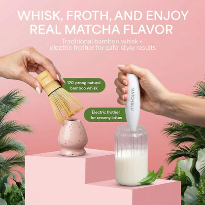 Matcha Whisk Set With Ceramic Matcha Bowl, Bamboo Whisk & Holder, Stainless Steel Spoon & Sifter, Glass Cup & Straw, Electric Frother, Storage Bag - Gift for Matcha Lovers (Premium 9-Piece Set Pink)