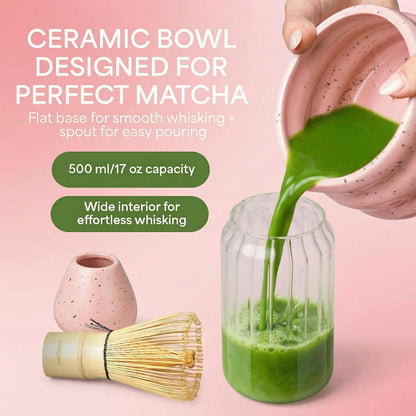 Matcha Whisk Set With Ceramic Matcha Bowl, Bamboo Whisk & Holder, Stainless Steel Spoon & Sifter, Glass Cup & Straw, Electric Frother, Storage Bag - Gift for Matcha Lovers (Premium 9-Piece Set Pink)