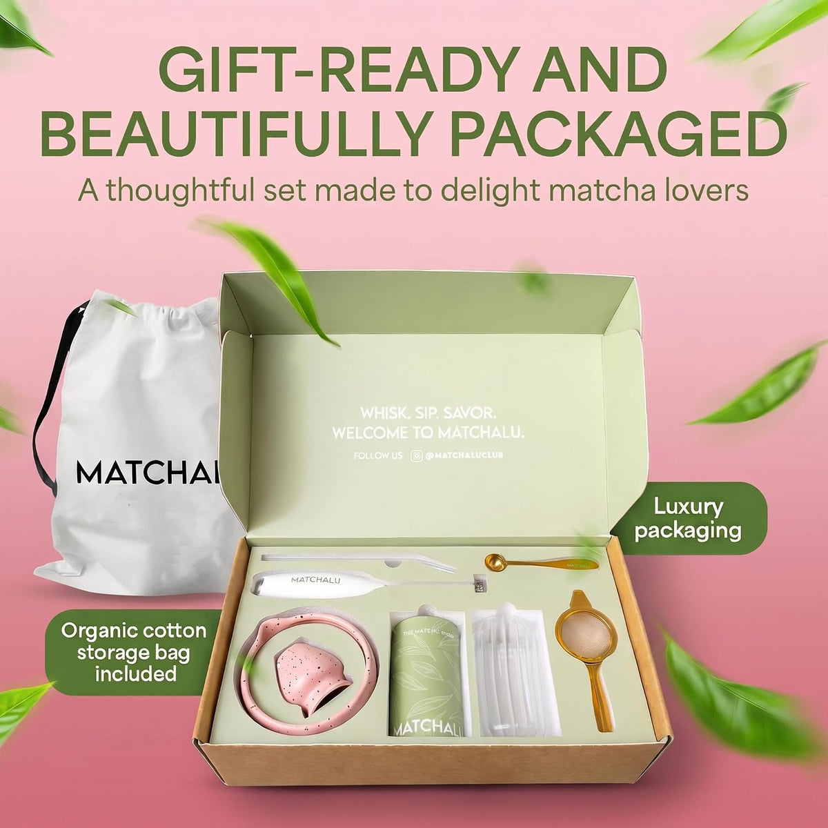 Matcha Whisk Set With Ceramic Matcha Bowl, Bamboo Whisk & Holder, Stainless Steel Spoon & Sifter, Glass Cup & Straw, Electric Frother, Storage Bag - Gift for Matcha Lovers (Premium 9-Piece Set Pink)