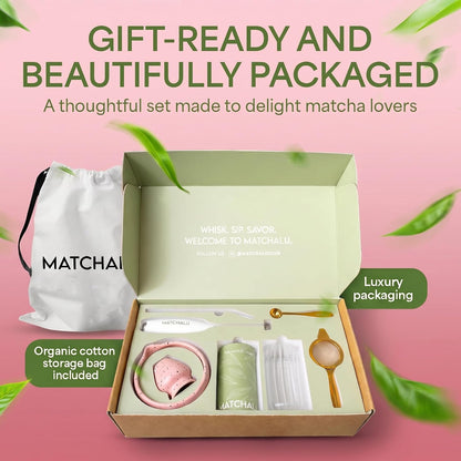 Matcha Whisk Set With Ceramic Matcha Bowl, Bamboo Whisk & Holder, Stainless Steel Spoon & Sifter, Glass Cup & Straw, Electric Frother, Storage Bag - Gift for Matcha Lovers (Premium 9-Piece Set Pink)
