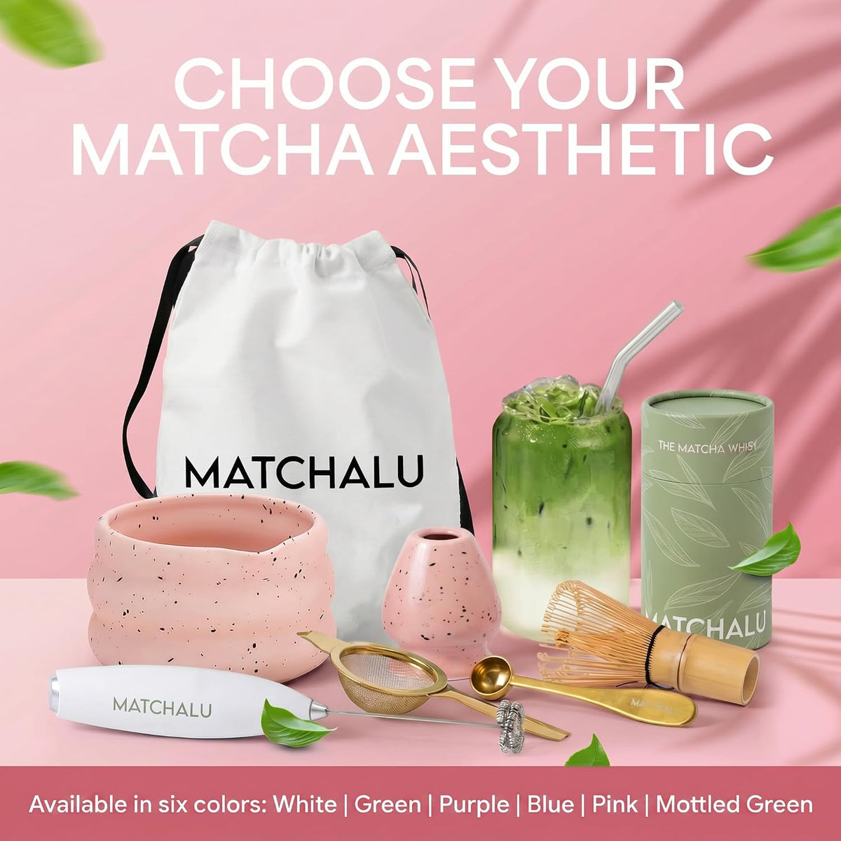 Matcha Whisk Set With Ceramic Matcha Bowl, Bamboo Whisk & Holder, Stainless Steel Spoon & Sifter, Glass Cup & Straw, Electric Frother, Storage Bag - Gift for Matcha Lovers (Premium 9-Piece Set Pink)