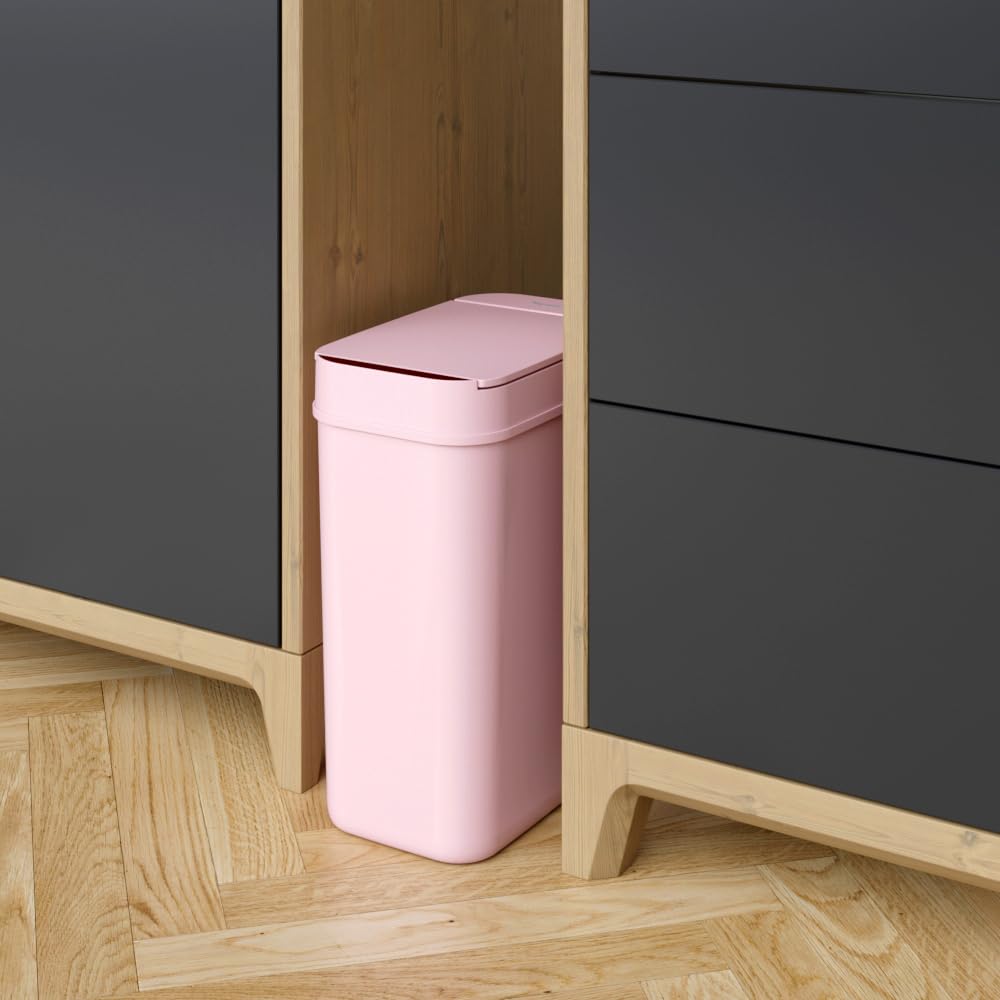 3 Gallon Sensor Pink Bathroom Trash Can, 10 Liter Slim Touchless Small Automatic Garbage Bin with Lid, Narrow Smart Motion Control Commercial Waste Basket for Bedroom, Office, Plastic