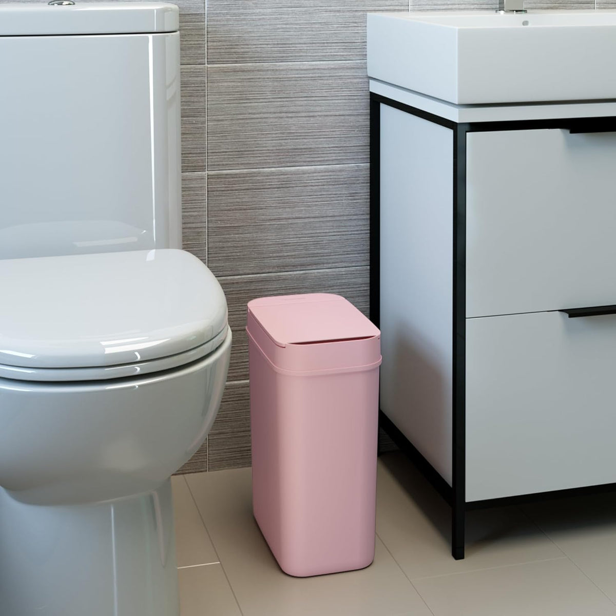 3 Gallon Sensor Pink Bathroom Trash Can, 10 Liter Slim Touchless Small Automatic Garbage Bin with Lid, Narrow Smart Motion Control Commercial Waste Basket for Bedroom, Office, Plastic
