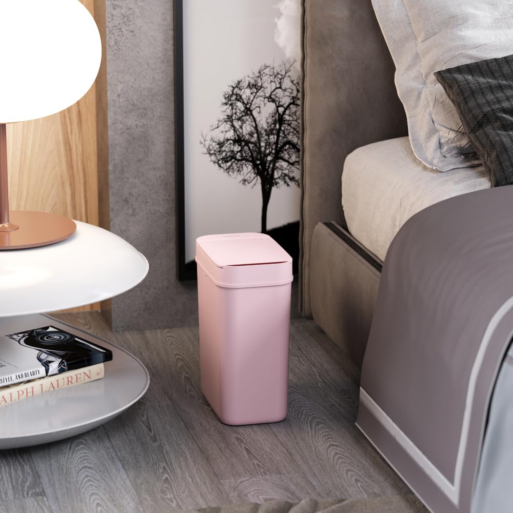 3 Gallon Sensor Pink Bathroom Trash Can, 10 Liter Slim Touchless Small Automatic Garbage Bin with Lid, Narrow Smart Motion Control Commercial Waste Basket for Bedroom, Office, Plastic