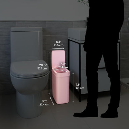3 Gallon Sensor Pink Bathroom Trash Can, 10 Liter Slim Touchless Small Automatic Garbage Bin with Lid, Narrow Smart Motion Control Commercial Waste Basket for Bedroom, Office, Plastic