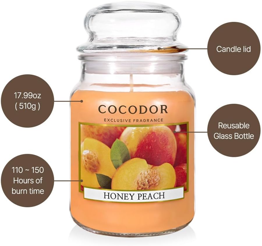 Candle Honey Peach Scented, Large Glass Jar 18oz Wick Candle, 110 Hours of Burn Time