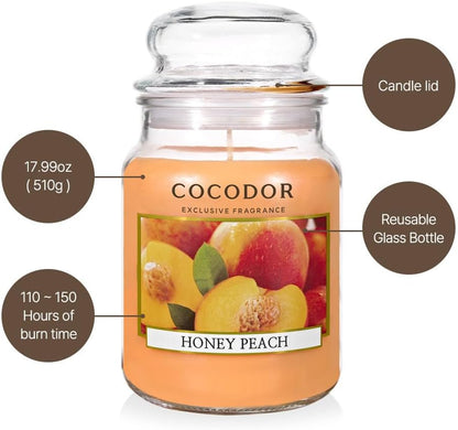 Candle Honey Peach Scented, Large Glass Jar 18oz Wick Candle, 110 Hours of Burn Time