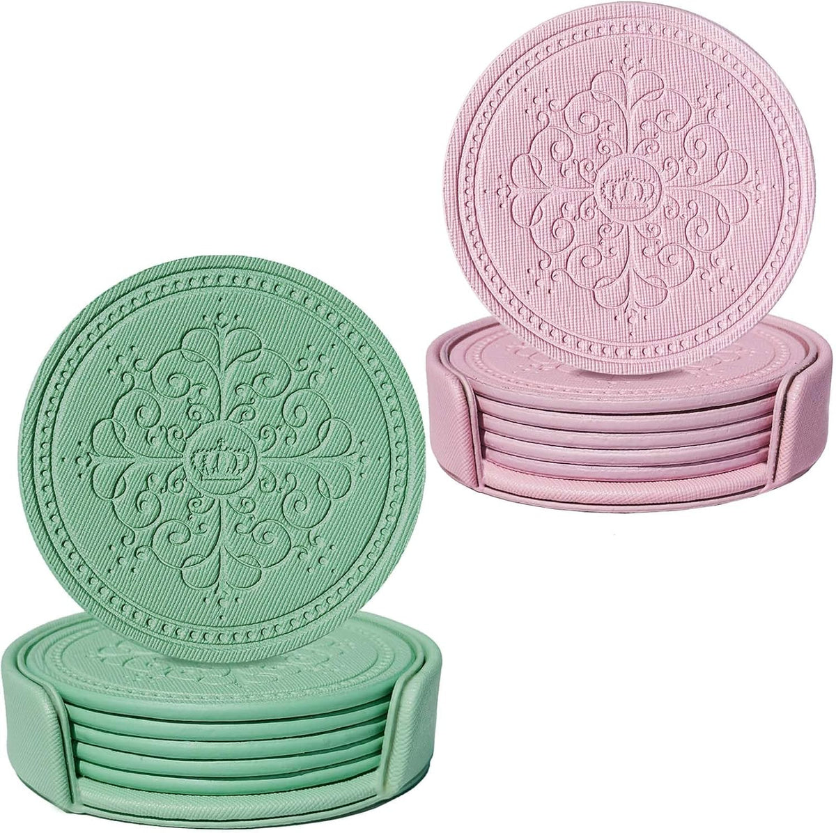 Coasters Set of 12 - (6 Pink and 6 Green) - PU Leather Coasters for Drinks with Holder - Handmade Round Drink Coasters Set for Home Decor and Housewarming Gift
