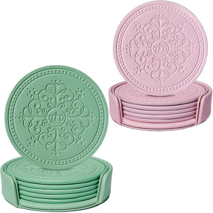 Coasters Set of 12 - (6 Pink and 6 Green) - PU Leather Coasters for Drinks with Holder - Handmade Round Drink Coasters Set for Home Decor and Housewarming Gift