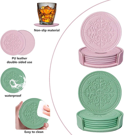 Coasters Set of 12 - (6 Pink and 6 Green) - PU Leather Coasters for Drinks with Holder - Handmade Round Drink Coasters Set for Home Decor and Housewarming Gift