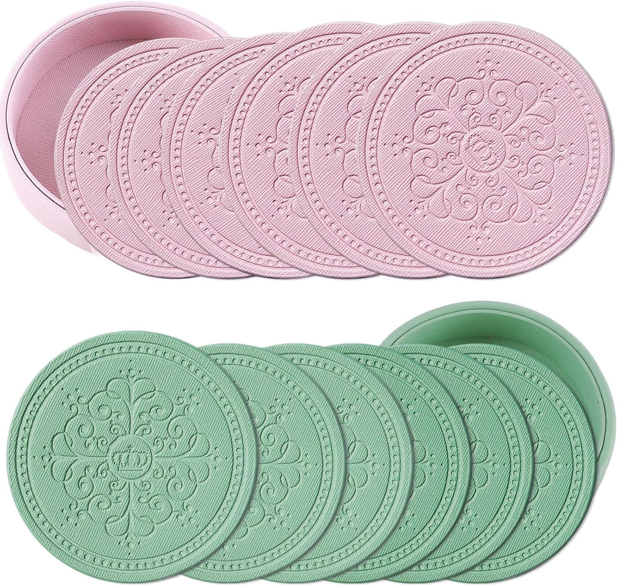 Coasters Set of 12 - (6 Pink and 6 Green) - PU Leather Coasters for Drinks with Holder - Handmade Round Drink Coasters Set for Home Decor and Housewarming Gift