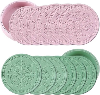 Coasters Set of 12 - (6 Pink and 6 Green) - PU Leather Coasters for Drinks with Holder - Handmade Round Drink Coasters Set for Home Decor and Housewarming Gift