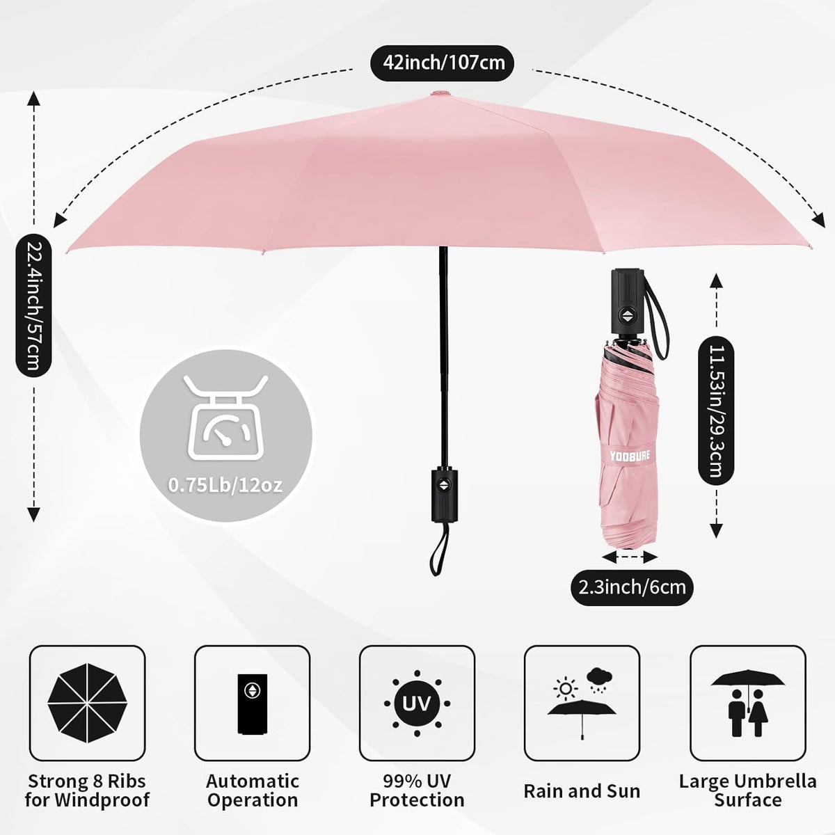 Windproof Automatic Travel Umbrella, Compact Folding UV Sun & Rain