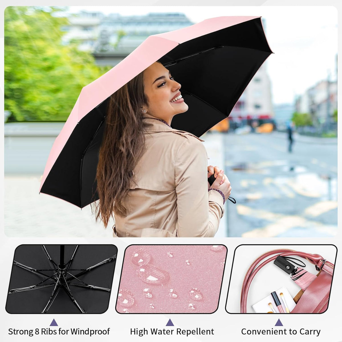 Windproof Automatic Travel Umbrella, Compact Folding UV Sun & Rain