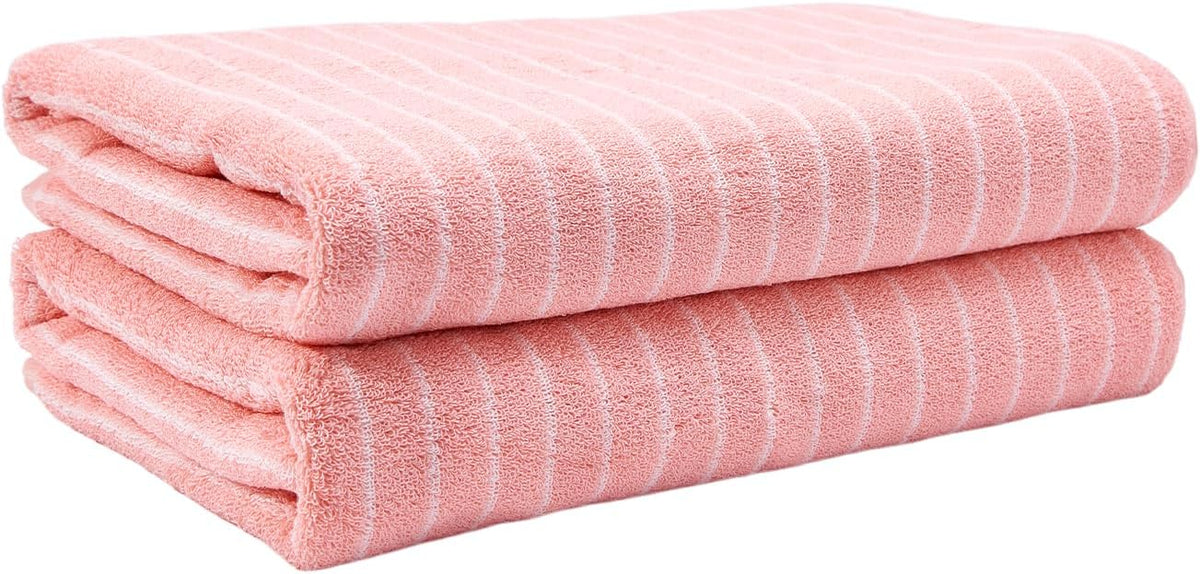 Bath Towels Set of 2 Striped 100% Cotton Reversible, Soft & Absorbent Decorative Bath Towel for Bathroom Clearance (Pink/White Stripe, 2Pack)
