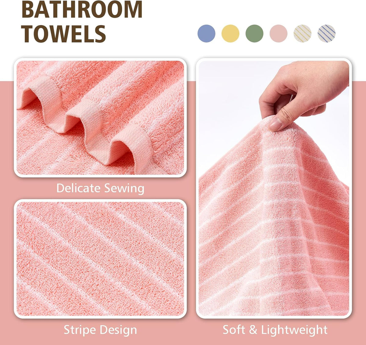 Bath Towels Set of 2 Striped 100% Cotton Reversible, Soft & Absorbent Decorative Bath Towel for Bathroom Clearance (Pink/White Stripe, 2Pack)