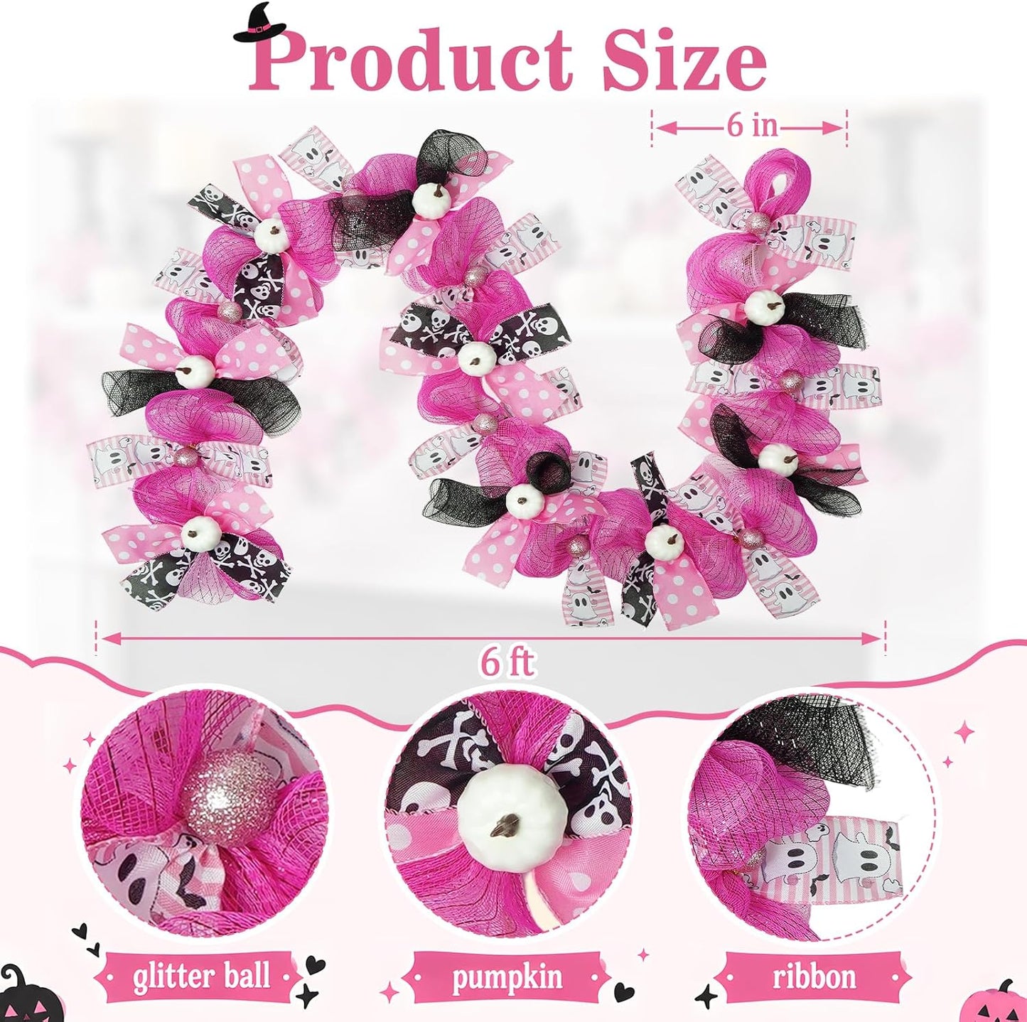 Pink Halloween Ghost Garland Decor, Farmhouse Garland for Mantel