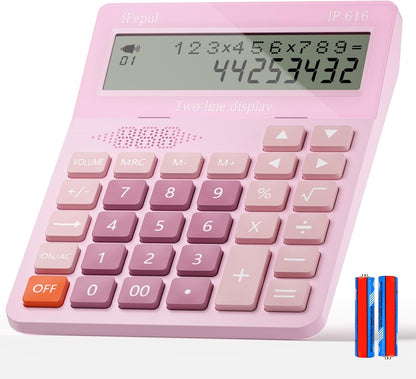 Calculators Desktop,Ipepul Talking Calculator with 2-line 12-Digits Large LCD Display and Large Button,4 Function Calculator for Business,Office,Store,School (Pink)