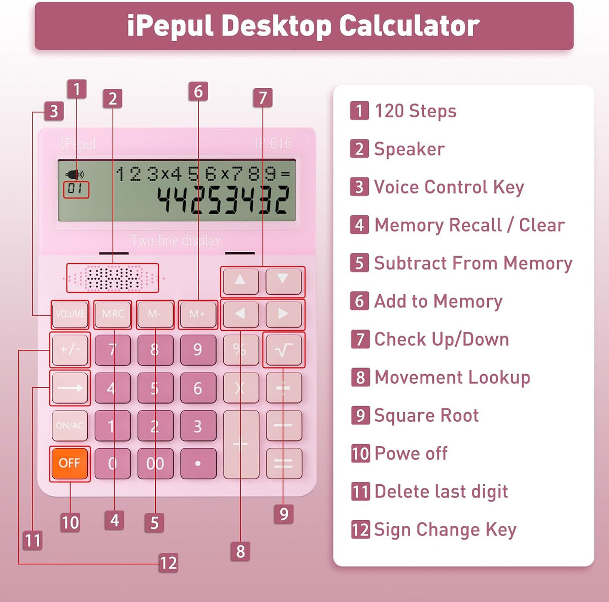 Calculators Desktop,Ipepul Talking Calculator with 2-line 12-Digits Large LCD Display and Large Button,4 Function Calculator for Business,Office,Store,School (Pink)
