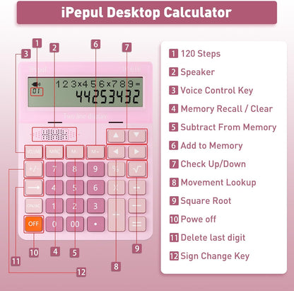 Calculators Desktop,Ipepul Talking Calculator with 2-line 12-Digits Large LCD Display and Large Button,4 Function Calculator for Business,Office,Store,School (Pink)