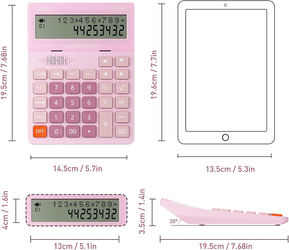 Calculators Desktop,Ipepul Talking Calculator with 2-line 12-Digits Large LCD Display and Large Button,4 Function Calculator for Business,Office,Store,School (Pink)