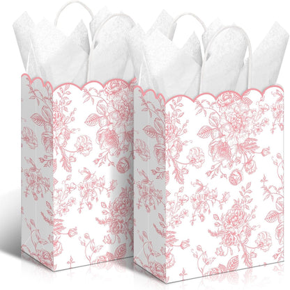 24 Pcs Pink Floral Gift Bags with Handles