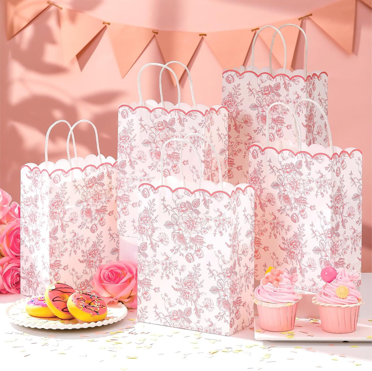 24 Pcs Pink Floral Gift Bags with Handles