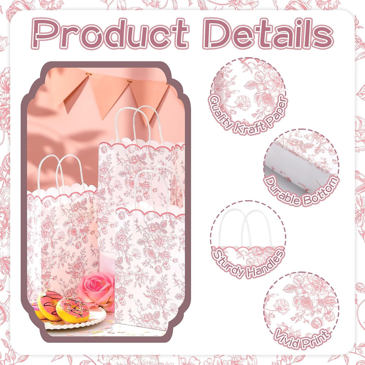 24 Pcs Pink Floral Gift Bags with Handles