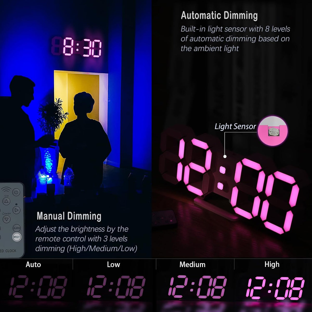 KOSUMOSU Pink LED Clock 3D Wall Clock 9.7" Table Clock for Living Room Modern Digital Clock for Bedroom Aesthetic Bedside Desk Clock with Remote/Dimming/12/24H/Temp/Alarm Clock/Date