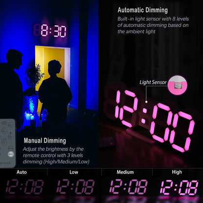 KOSUMOSU Pink LED Clock 3D Wall Clock 9.7" Table Clock for Living Room Modern Digital Clock for Bedroom Aesthetic Bedside Desk Clock with Remote/Dimming/12/24H/Temp/Alarm Clock/Date