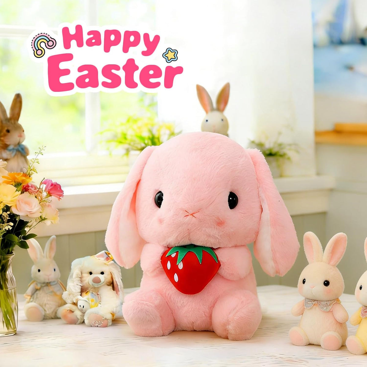 Huggable Lop Bunny 16.9in Pink Strawberry Stuffed Bunny Toy
