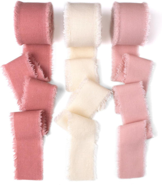 Coral Rose Pink & Ivory Cotton Linen Ribbon 1.5" x 21Yds Boho Vintage Rustic Ribbon Handmade Fringe Frayed Cloth Fabric Ribbon for Gift Wrapping Wedding Invitations Bridal Bouquets DIY Crafts