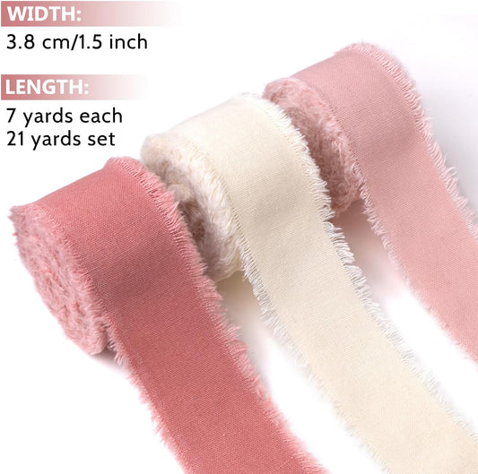 Coral Rose Pink & Ivory Cotton Linen Ribbon 1.5" x 21Yds Boho Vintage Rustic Ribbon Handmade Fringe Frayed Cloth Fabric Ribbon for Gift Wrapping Wedding Invitations Bridal Bouquets DIY Crafts