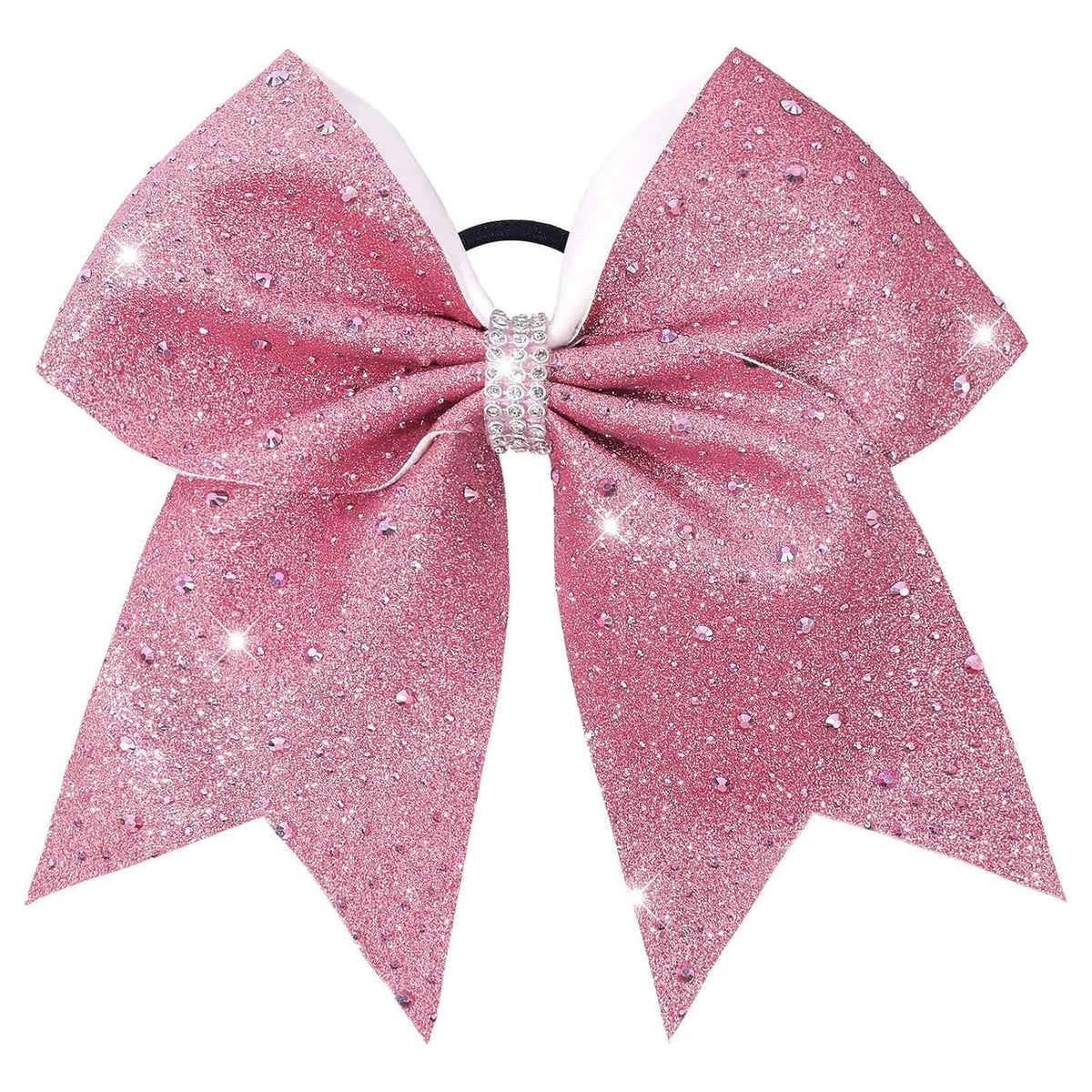 7" Large Glitter Cheer Hair Bows with Rhinestones Pink Ponytail Holder Elastic Band Handmade for Cheerleading Teen Women Girls College Sports 1pcs (Pink)