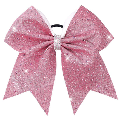 7" Large Glitter Cheer Hair Bows with Rhinestones Pink Ponytail Holder Elastic Band Handmade for Cheerleading Teen Women Girls College Sports 1pcs (Pink)