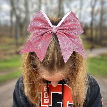 7" Large Glitter Cheer Hair Bows with Rhinestones Pink Ponytail Holder Elastic Band Handmade for Cheerleading Teen Women Girls College Sports 1pcs (Pink)