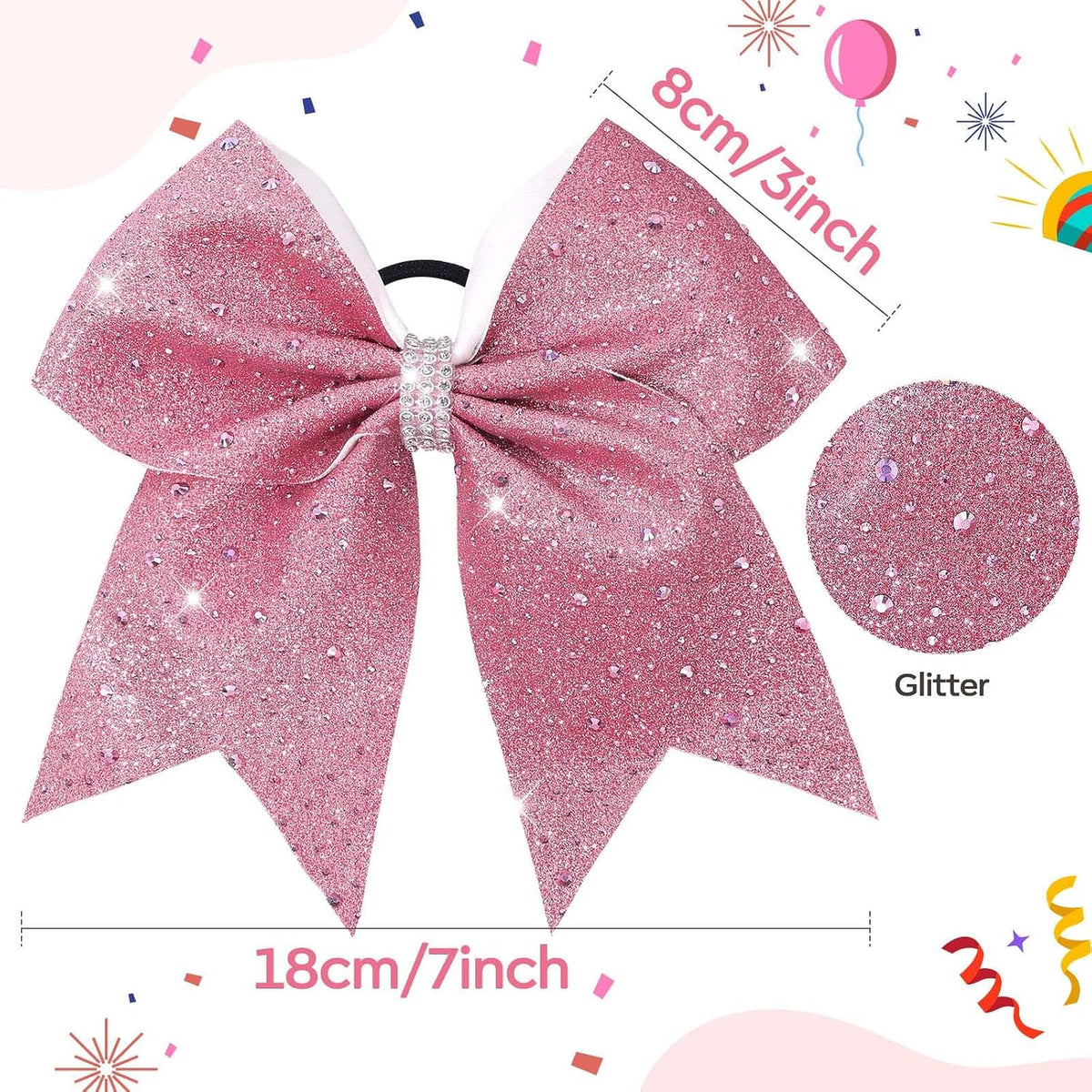 7" Large Glitter Cheer Hair Bows with Rhinestones Pink Ponytail Holder Elastic Band Handmade for Cheerleading Teen Women Girls College Sports 1pcs (Pink)